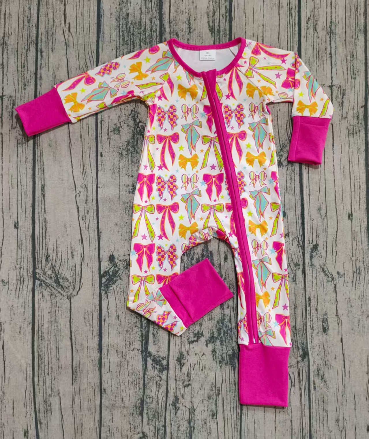 custom moq 20 Bamboo colorful bows hot pink zipper long sleeve girls romper