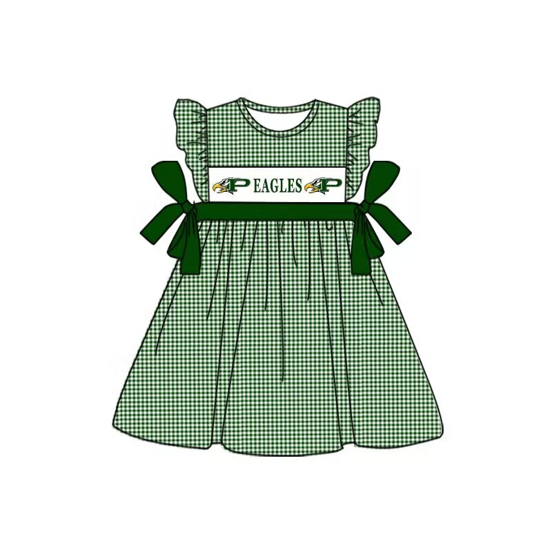 custom style EAGLES green checkered flutter sleeve girls dress moq 3