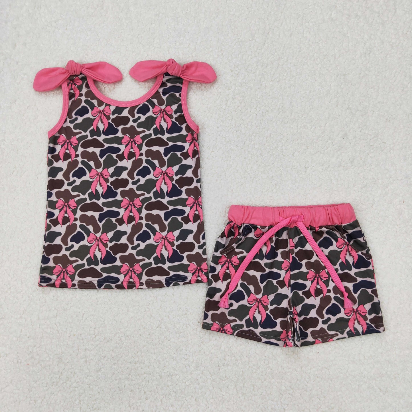 GSSO2083 hunting camo pink bows vest t-shirt shorts girls set