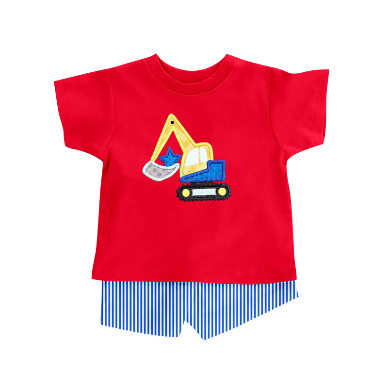 custom S excavator red short sleeve blue striped shorts boys set
