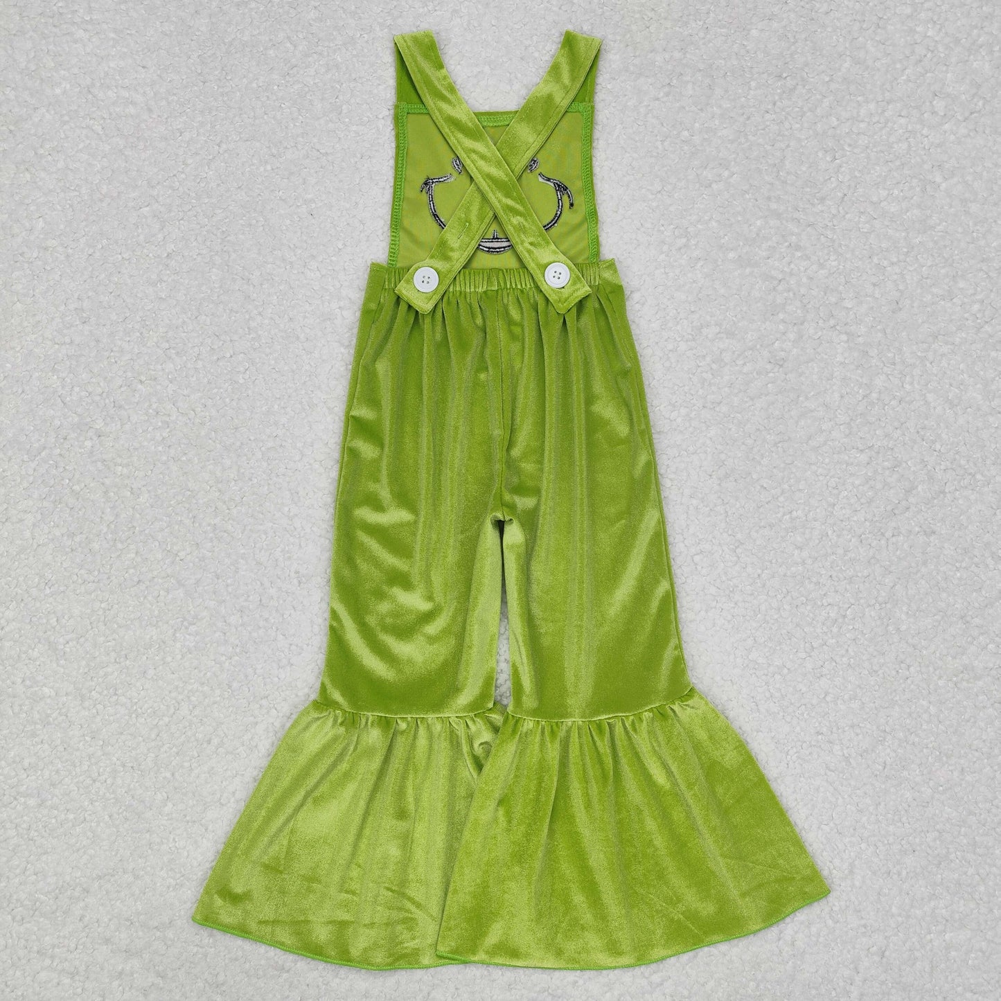 embroidery SR2013 Christmas green face green velvet girls jumpsuits