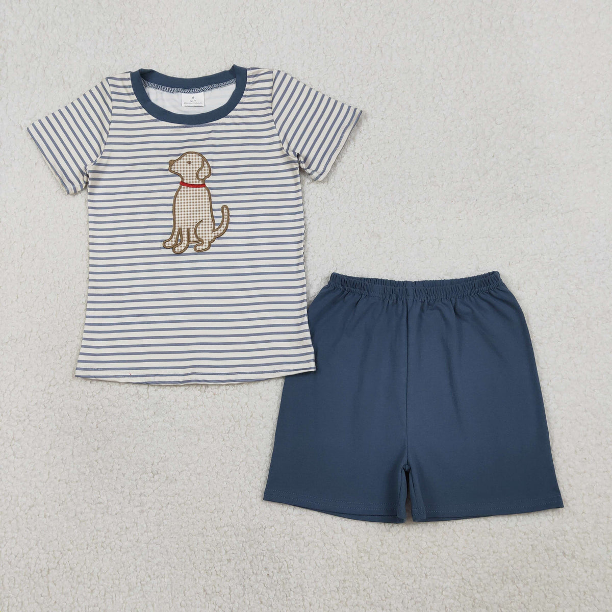 Embroidery BSSO1745 Cartoon Dog Striped Short Sleeve Blue Shorts Boys Set