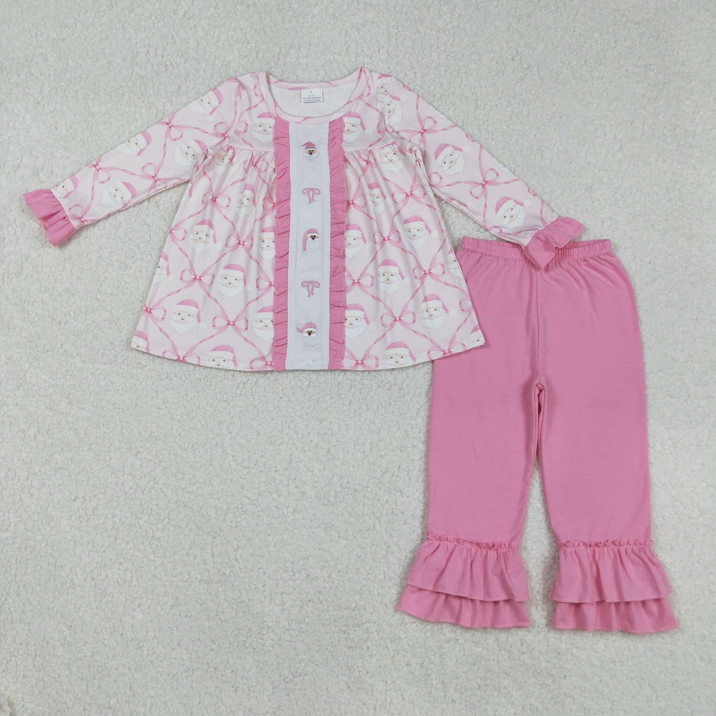 embroidery GLP2364 Christmas Santa pink bows long sleeve pink pants girls set