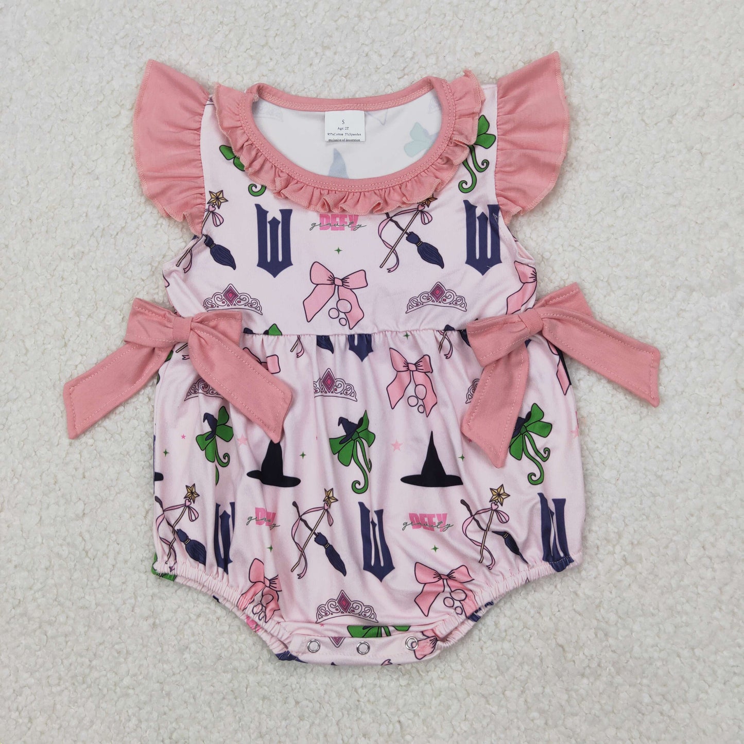 SR2650 pink bows crown flutter sleeve pink girls romper