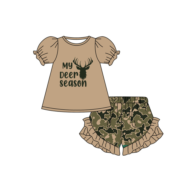 custom My Deer Season brown short sleeve camo ruffles shorts girls set