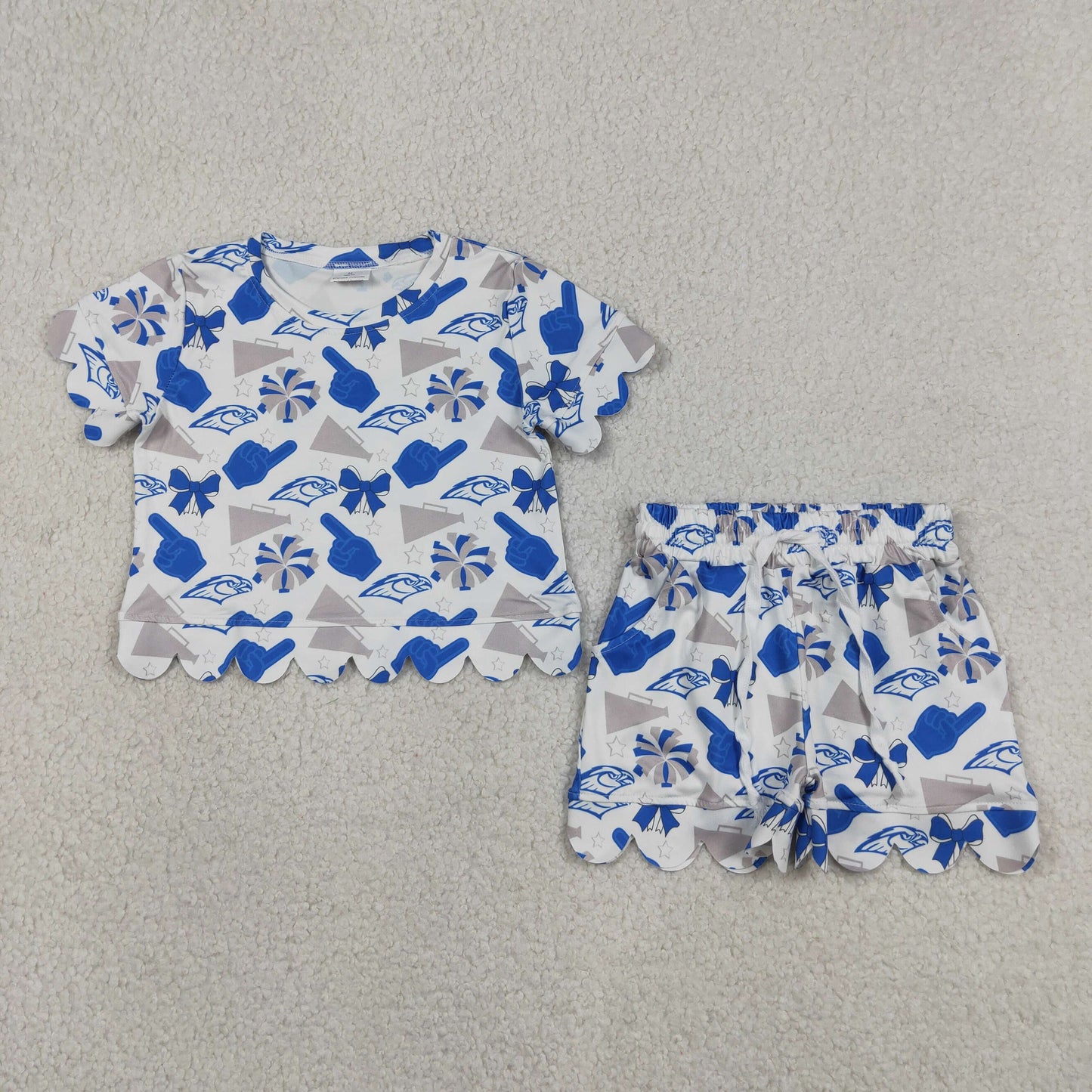 GSSO3408 Scallop Football Tea Blue Short Sleeve Shorts Girls Set