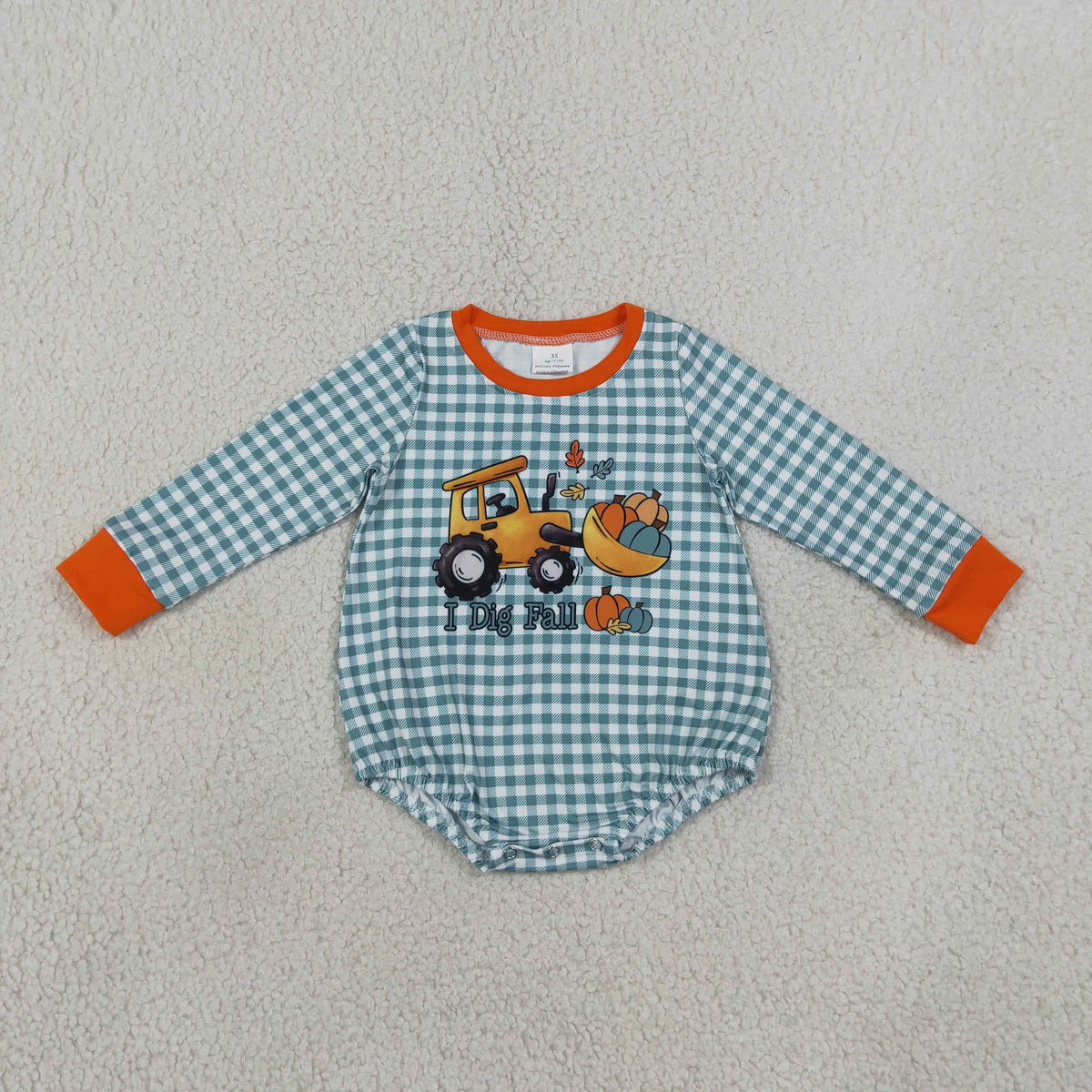 LR3237 I Dig Fall Pumpkin Tractor Long Sleeve Boys Romper