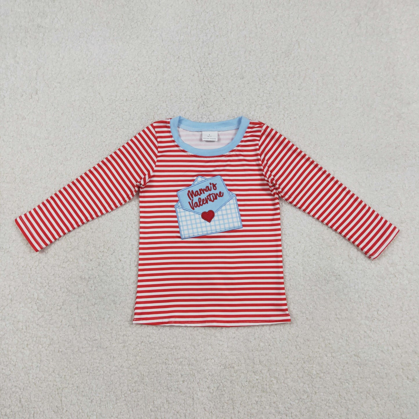 BT1574 Embroidery Mama's Valentine's Heart Red Striped Long Sleeve Boys Top