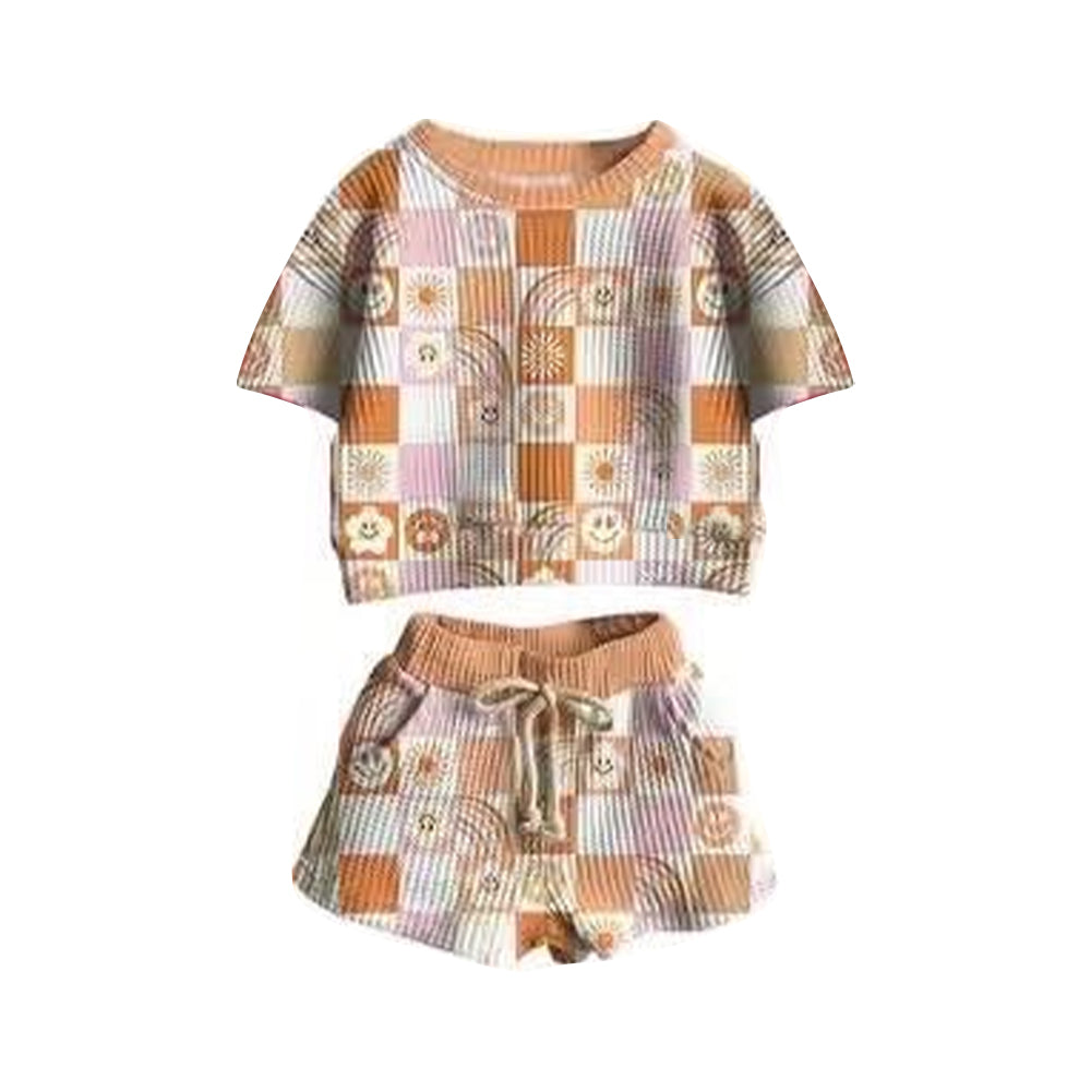 preorder orange checkered smile short sleeve shorts girls set