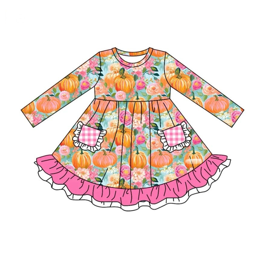 custom Autumn full pumpkin hot pink long sleeve girls dress