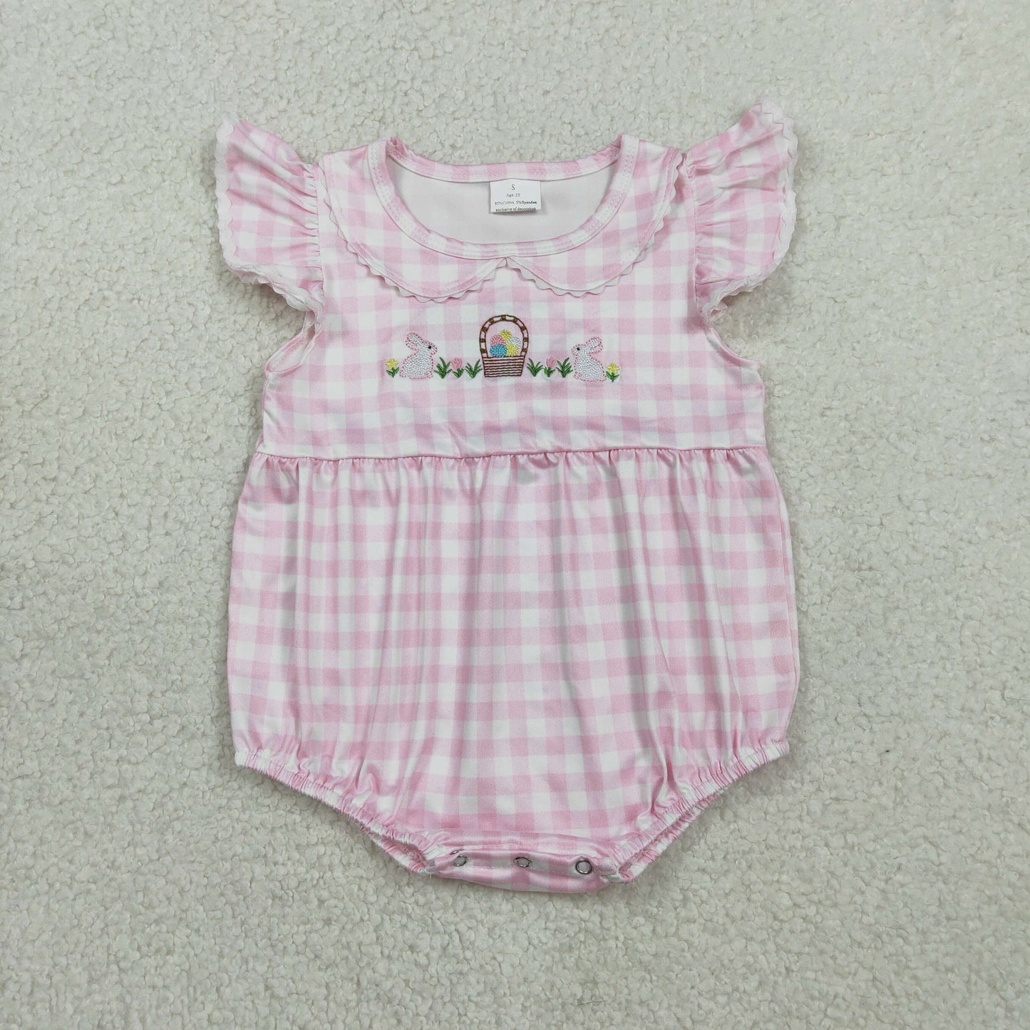 Embroidery SR3314 Easter Rabbit Egg Pink Flutter Sleeve Girls Romper