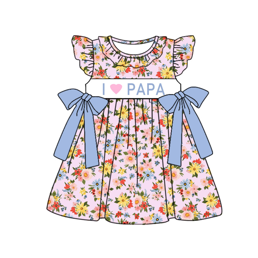Custom I love papa flowers pink flutter sleeve girls dress moq 3