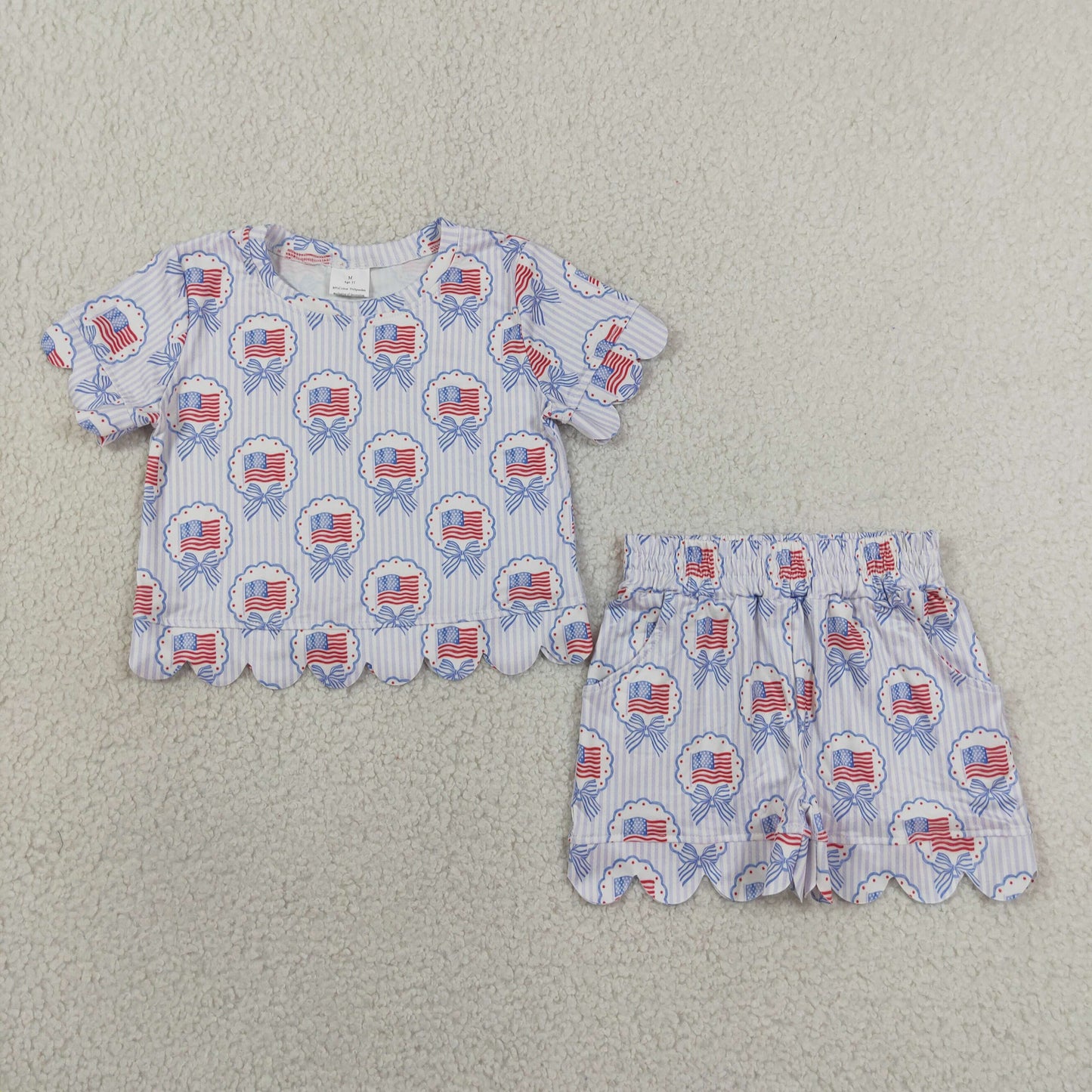 GSSO3555 Scallop July 4th Flag Bows Short Sleeve Shorts Girls Set