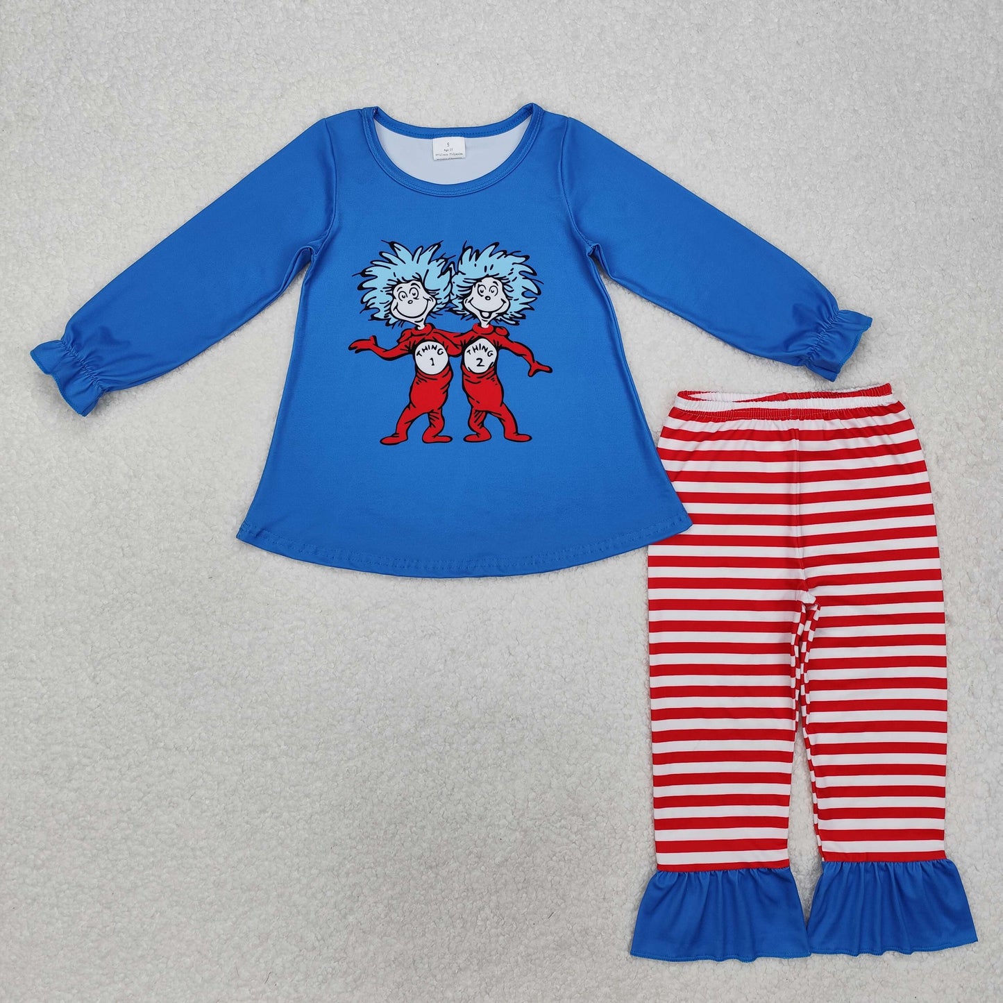 GLP2177 cartoon Dr blue long sleeve red striped pants girls set
