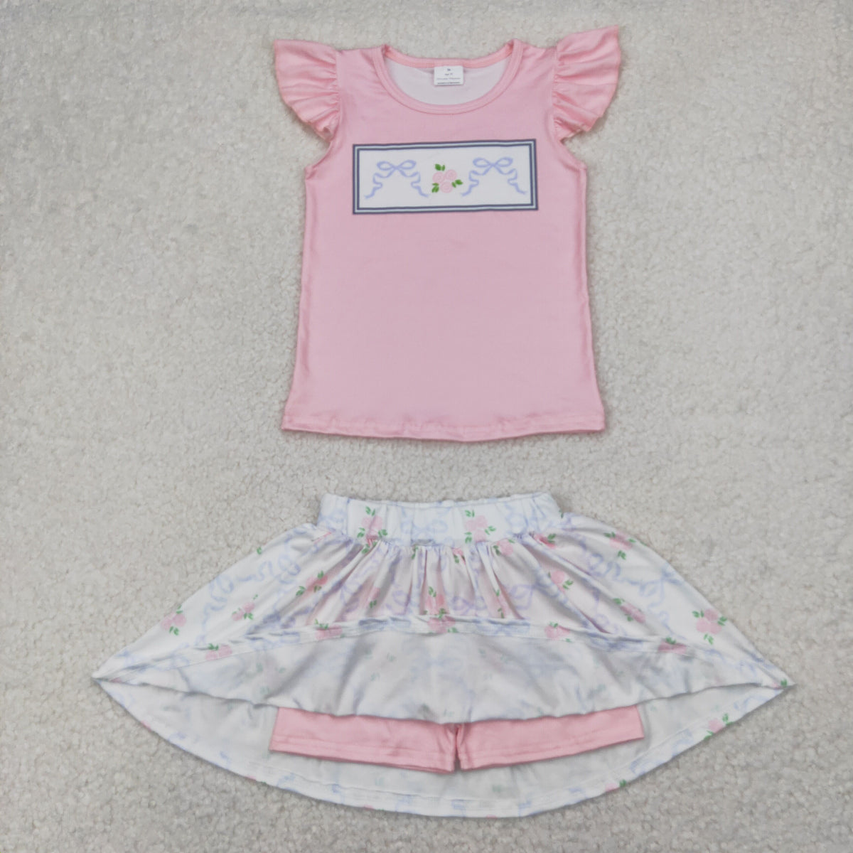 GSD2298 pink flowers blue bows flutter sleeve skirt with shorts girls set