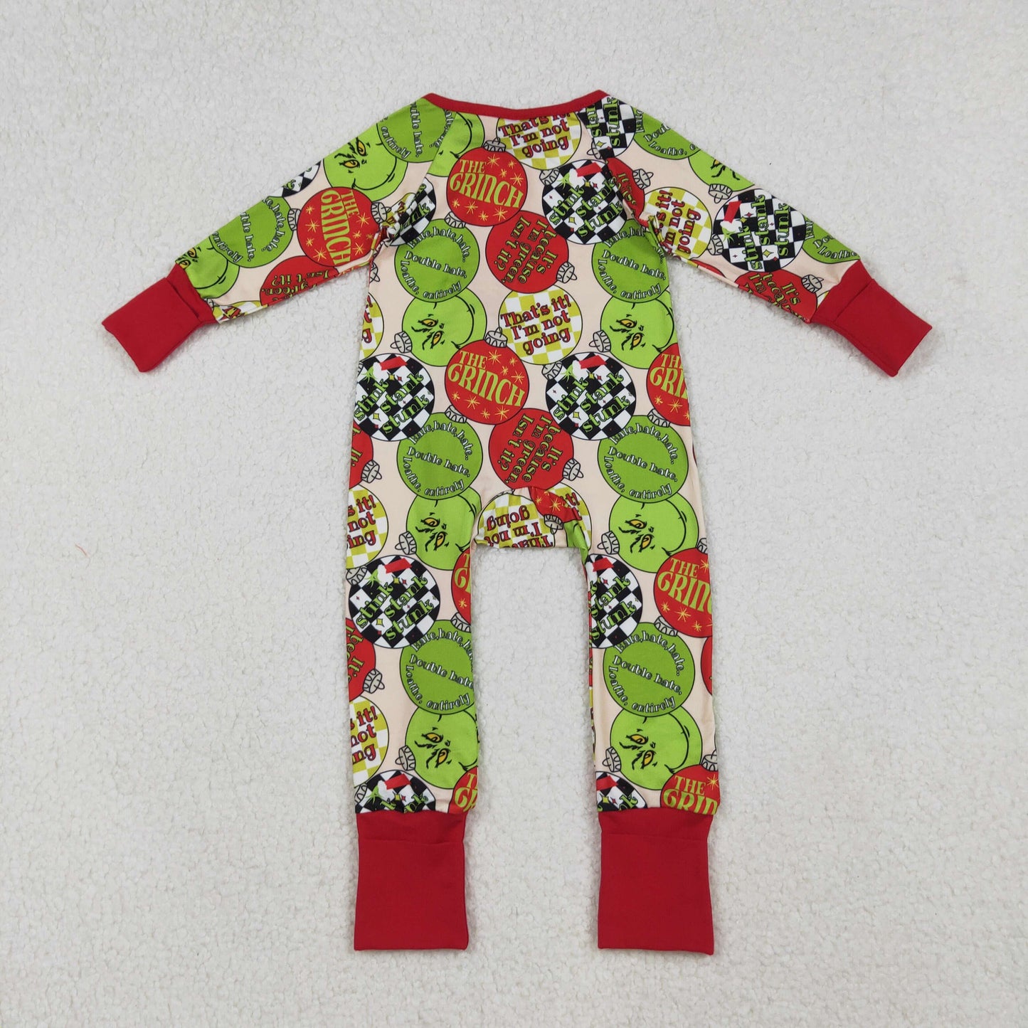 LR2658 Christmas green face light red zipper long sleeve girls romper