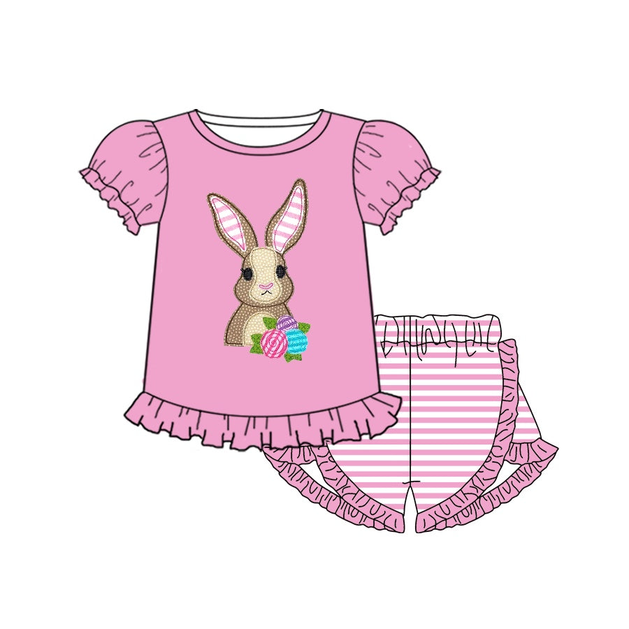 preorder GSSO0369 Easter rabbit flowers pink short sleeve striped shorts girls set