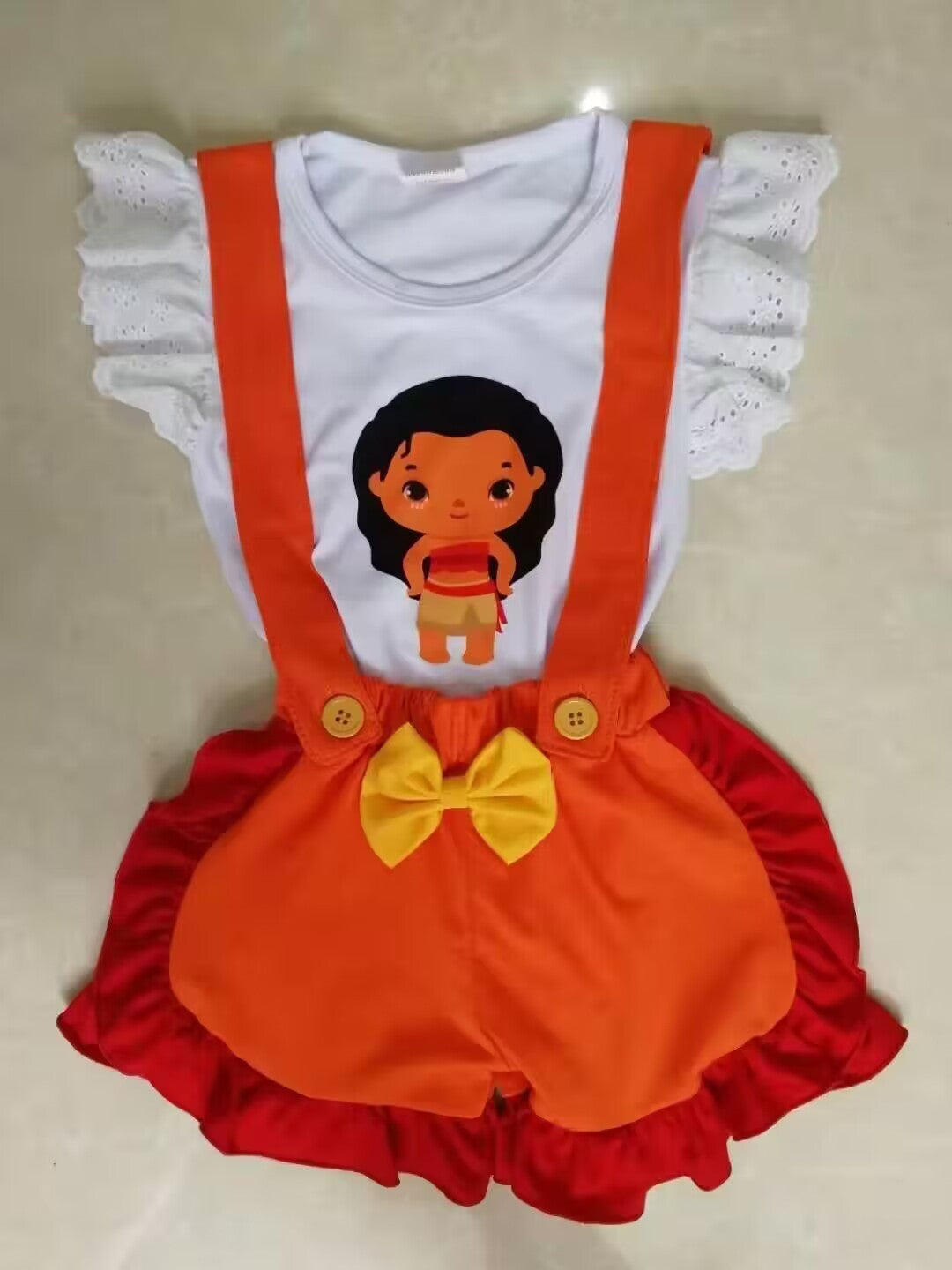 custom S cartoon baby girl flutter sleeve orange overall shorts girls set