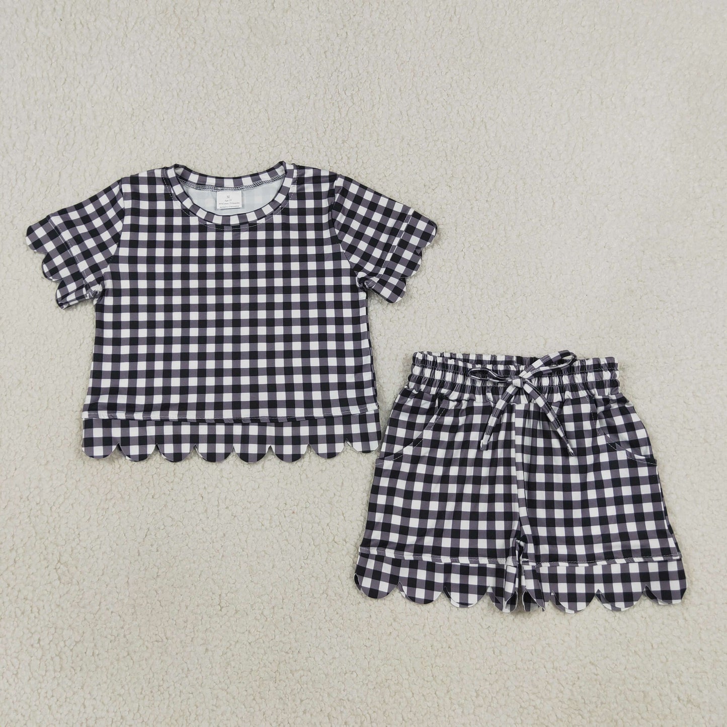GSSO3842 Scallop Black Checkered Short Sleeve Shorts Girls Set
