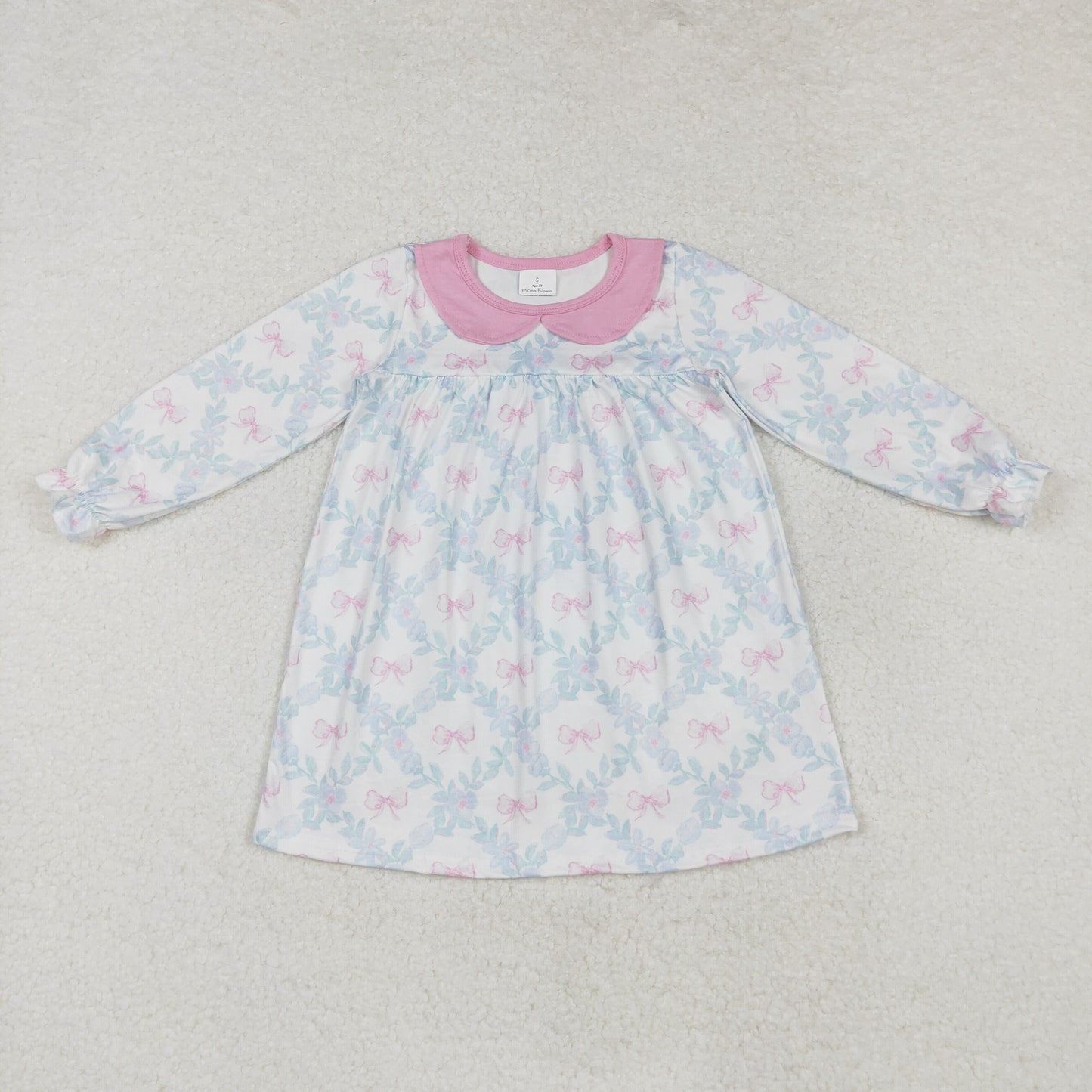 GLD0854 pink bows blue flowers long sleeve girls dress