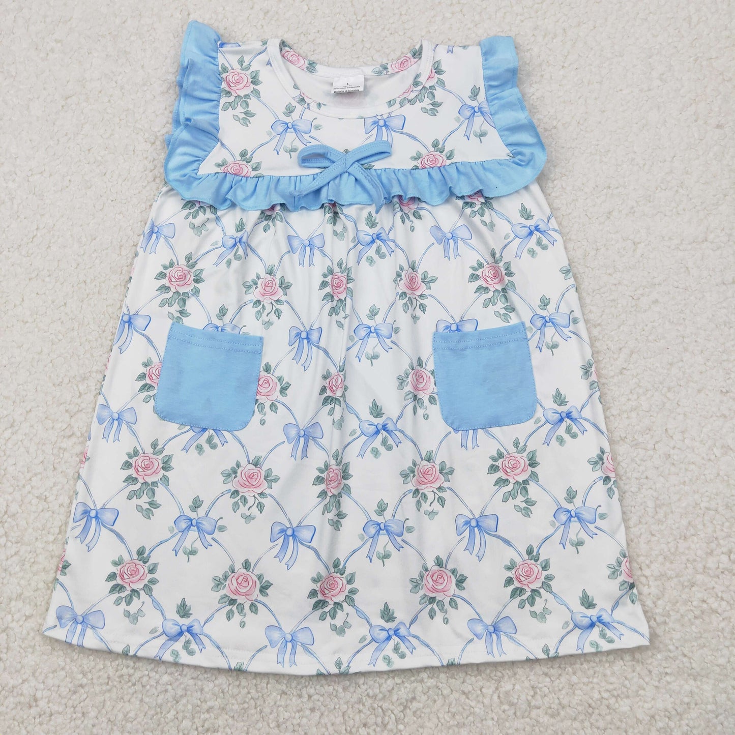 GSD2230 pink flowers blue bows pockets sleeveless girls dress