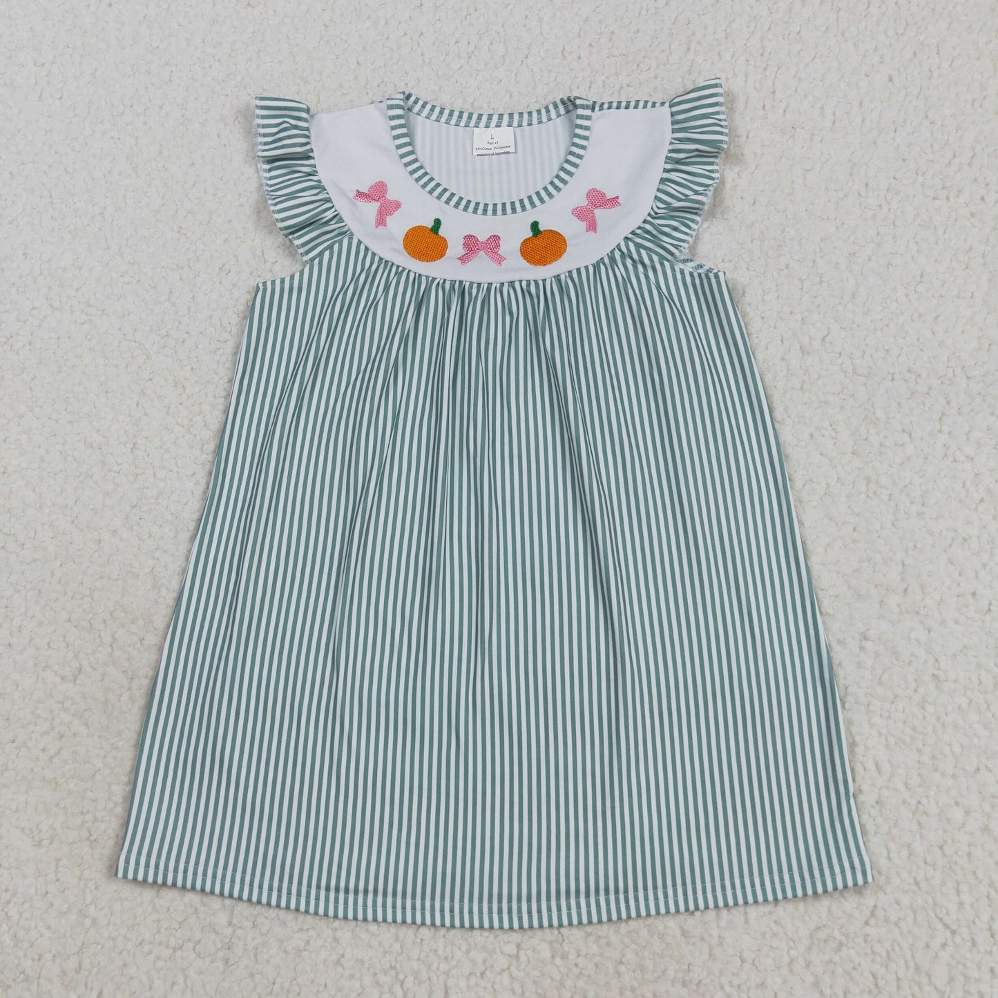 GSD2746 embroidery Autumn pumpkin pink bows green striped flutter sleeve girls dress