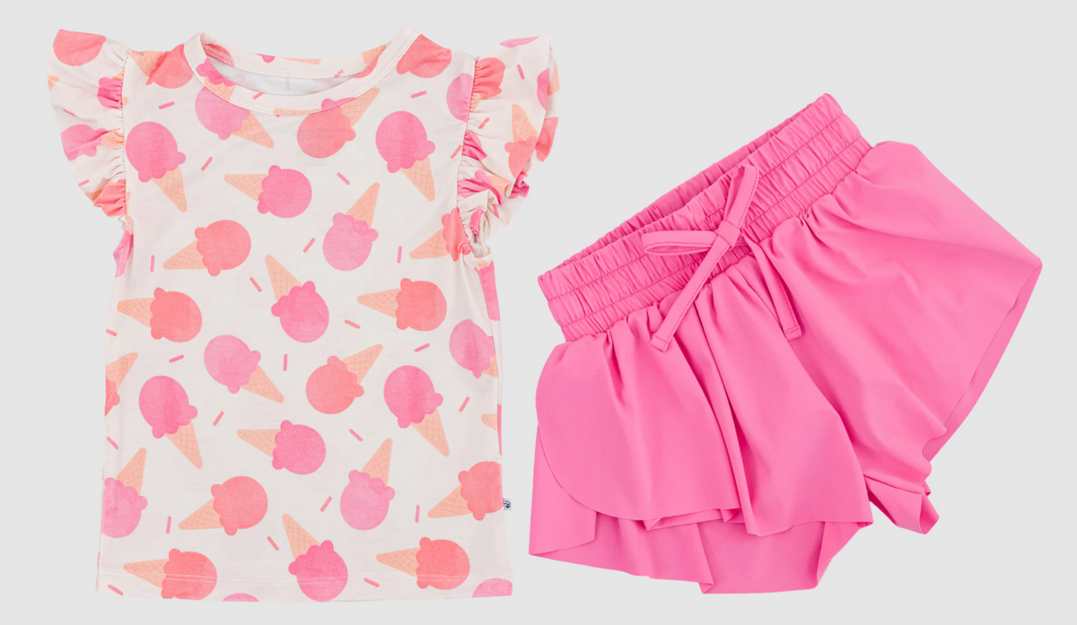 preorder GSSO2606 pink ice flutter sleeve pink shorts girls Summer set
