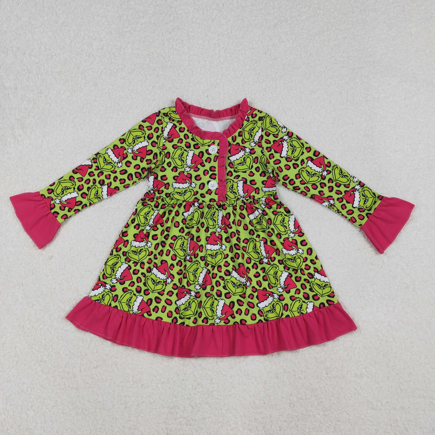 GLD1254 Christmas green face leopard hot pink long sleeve girls dress