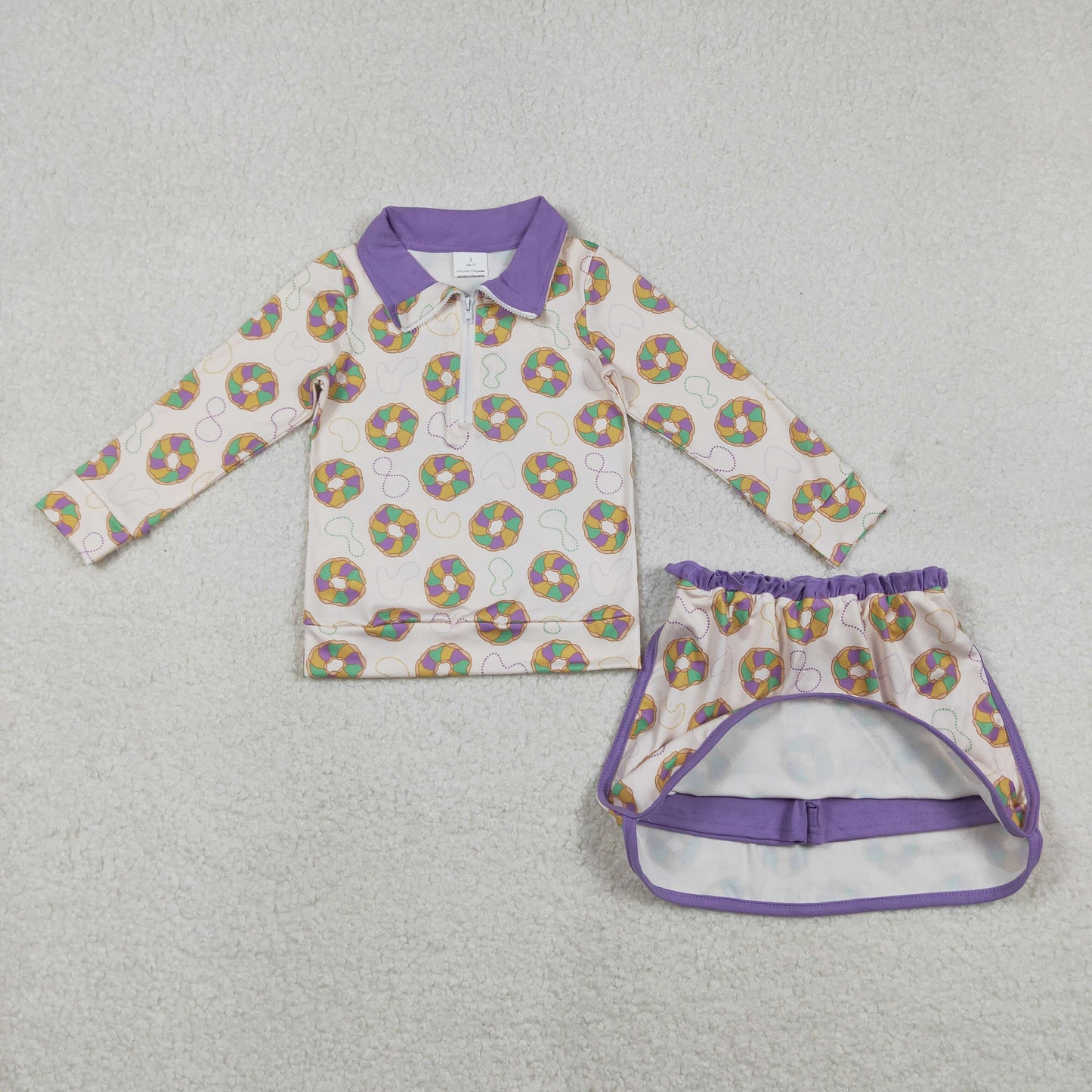 GLD1332 Mardi Gras yellow purple green dount zipper long sleeve skorts girls set