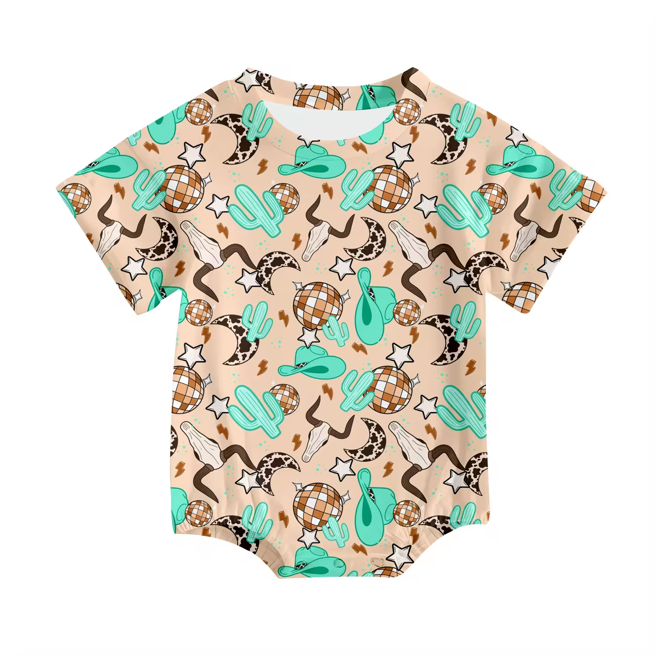 Custom Western style cactus cow brown short sleeve boys romper