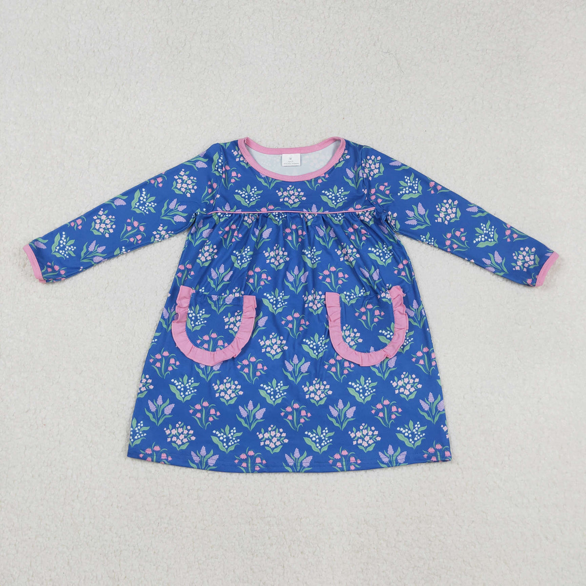 GLD1257 colorful flowers floral pockets blue long sleeve girls dress