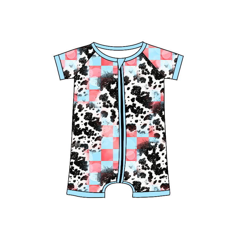 custom moq 3 Cow print pink checkered short sleeve kids zipper romper