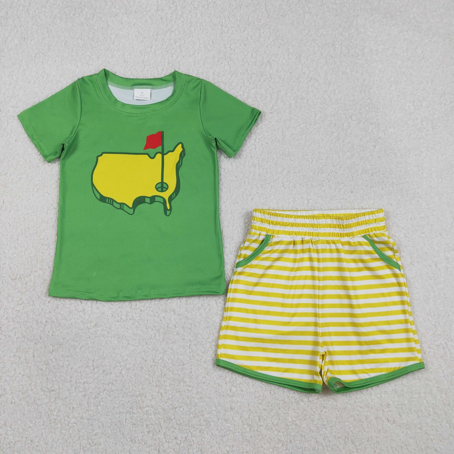 BSSO1673 Golf Green Short Sleeve Yellow Striped Shorts Boys Set