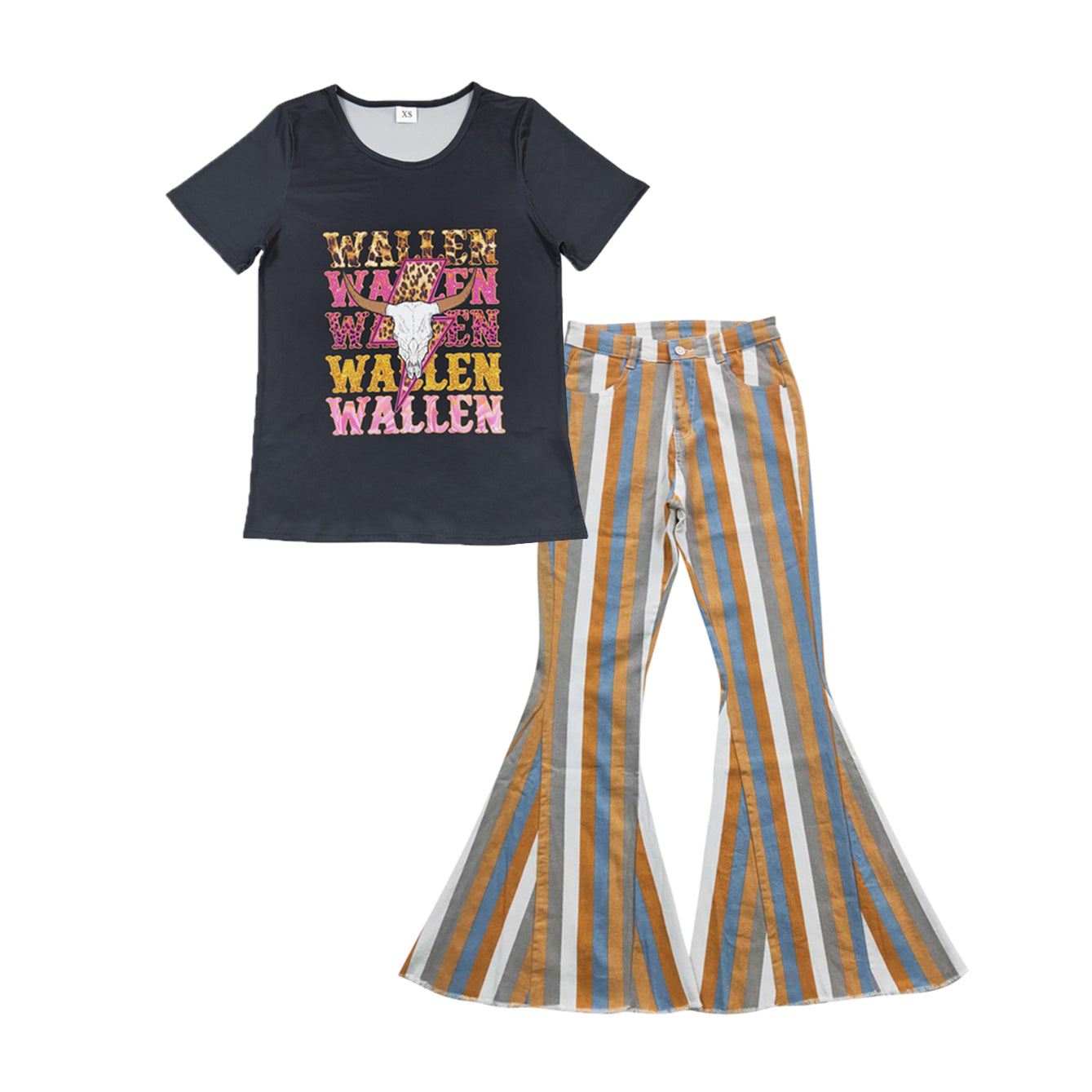 Wallen cow black short sleeve top orange blue yellow striped denim pants adult set