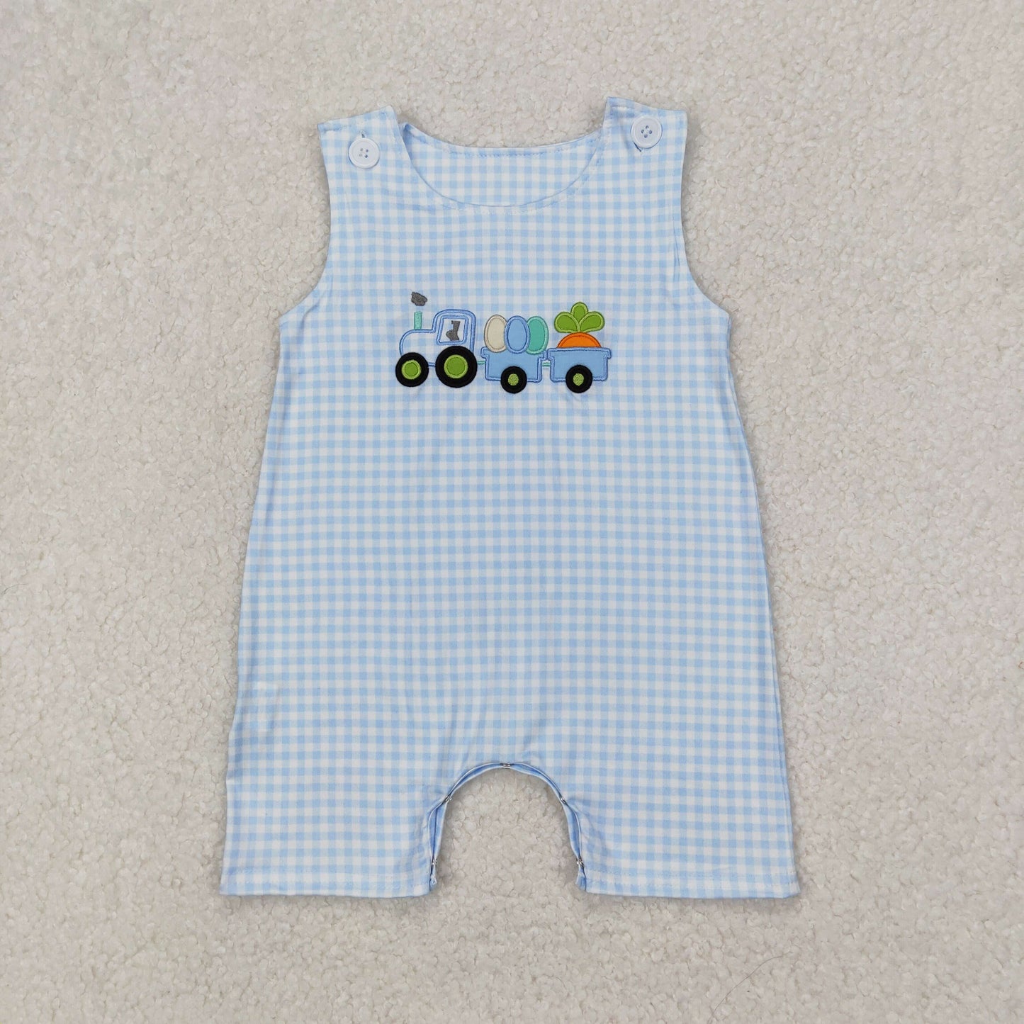embroidery SR2402 Easter Egg Carrot Truck Blue Checkered Sleeveless Boys Romper