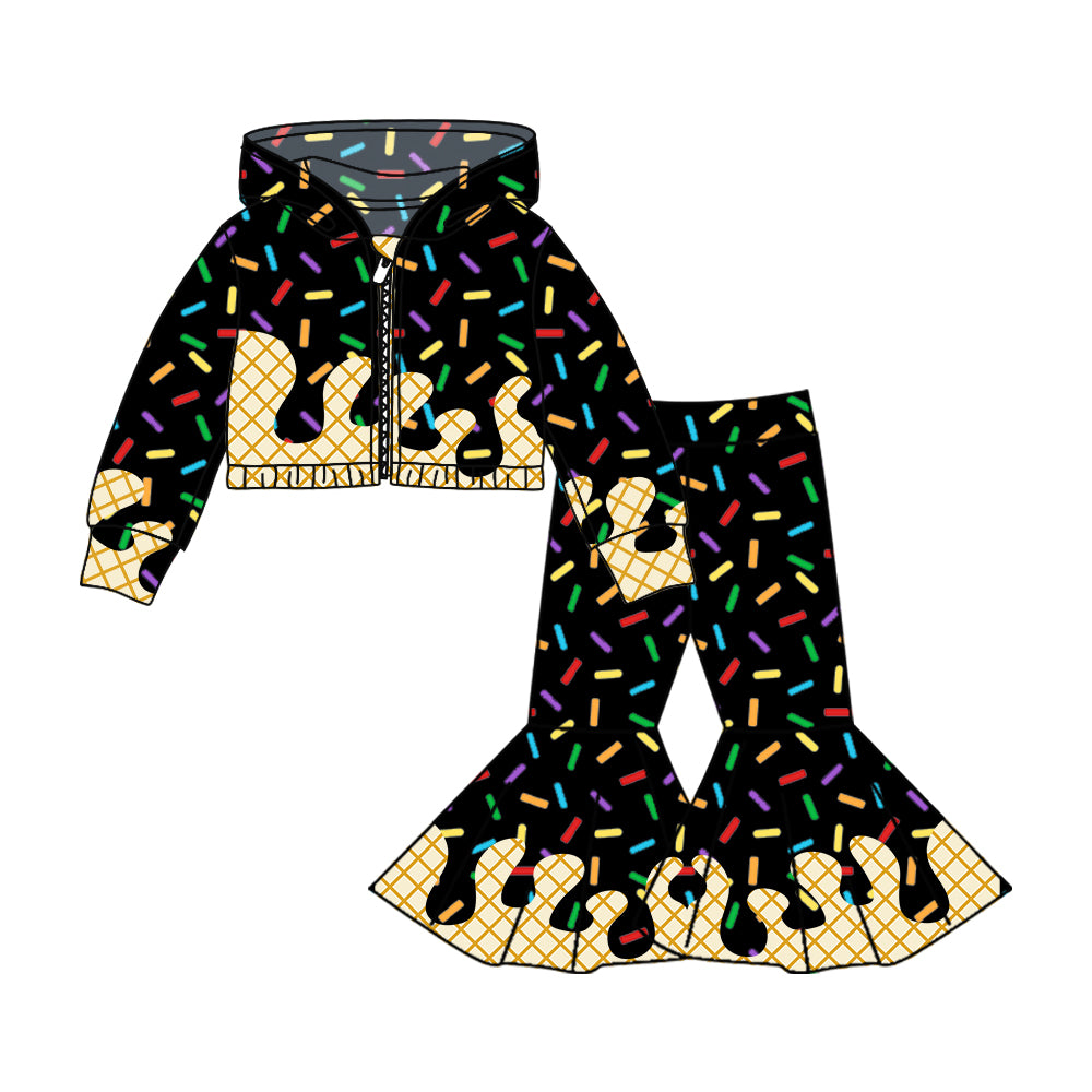 custom moq 3 black ice hoodie long sleeve coat pants girls set