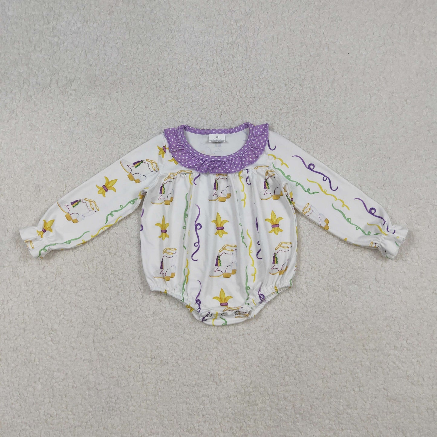 LR2042 Mardi Gras purple yellow print long sleeve girls romper