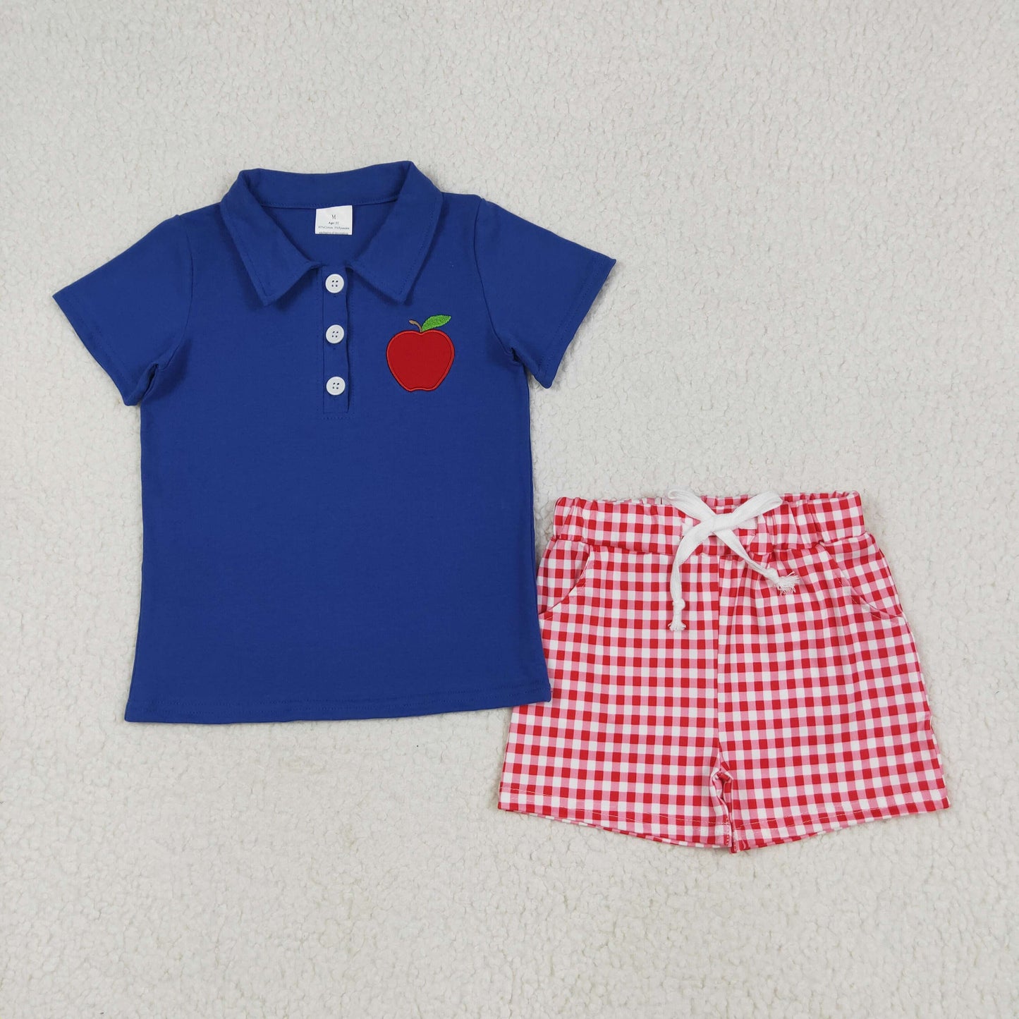 BSSO1397 embroidery back to school apple navy blue short sleeve red checkered shorts boys set