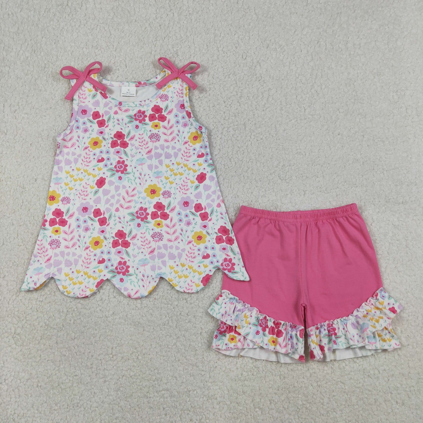 GSSO3391 Scallop Flowers Bows Sleeveless Pink Shorts Girls Set(副本)
