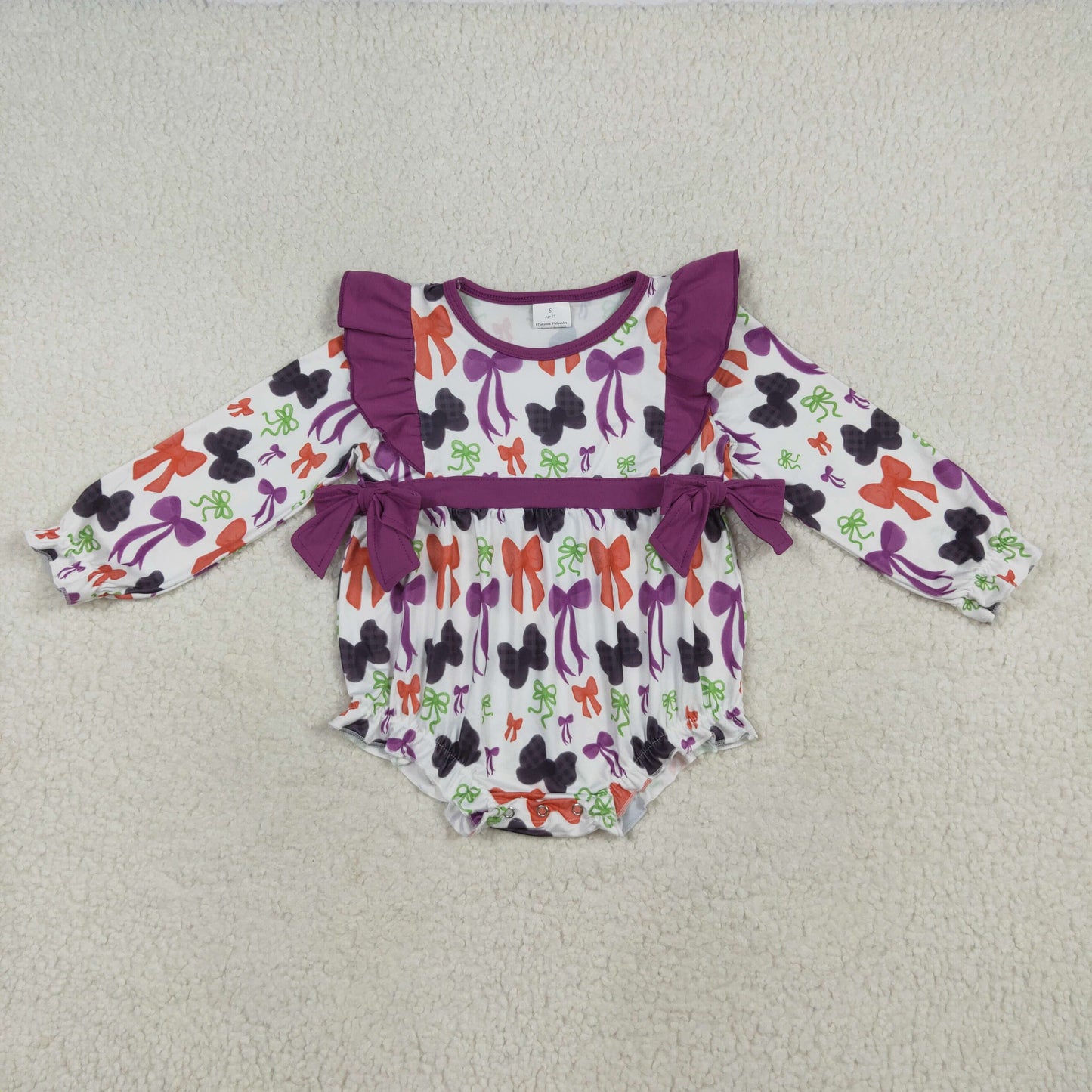 LR2285 Halloween black orange purple bows long sleeve girls romper