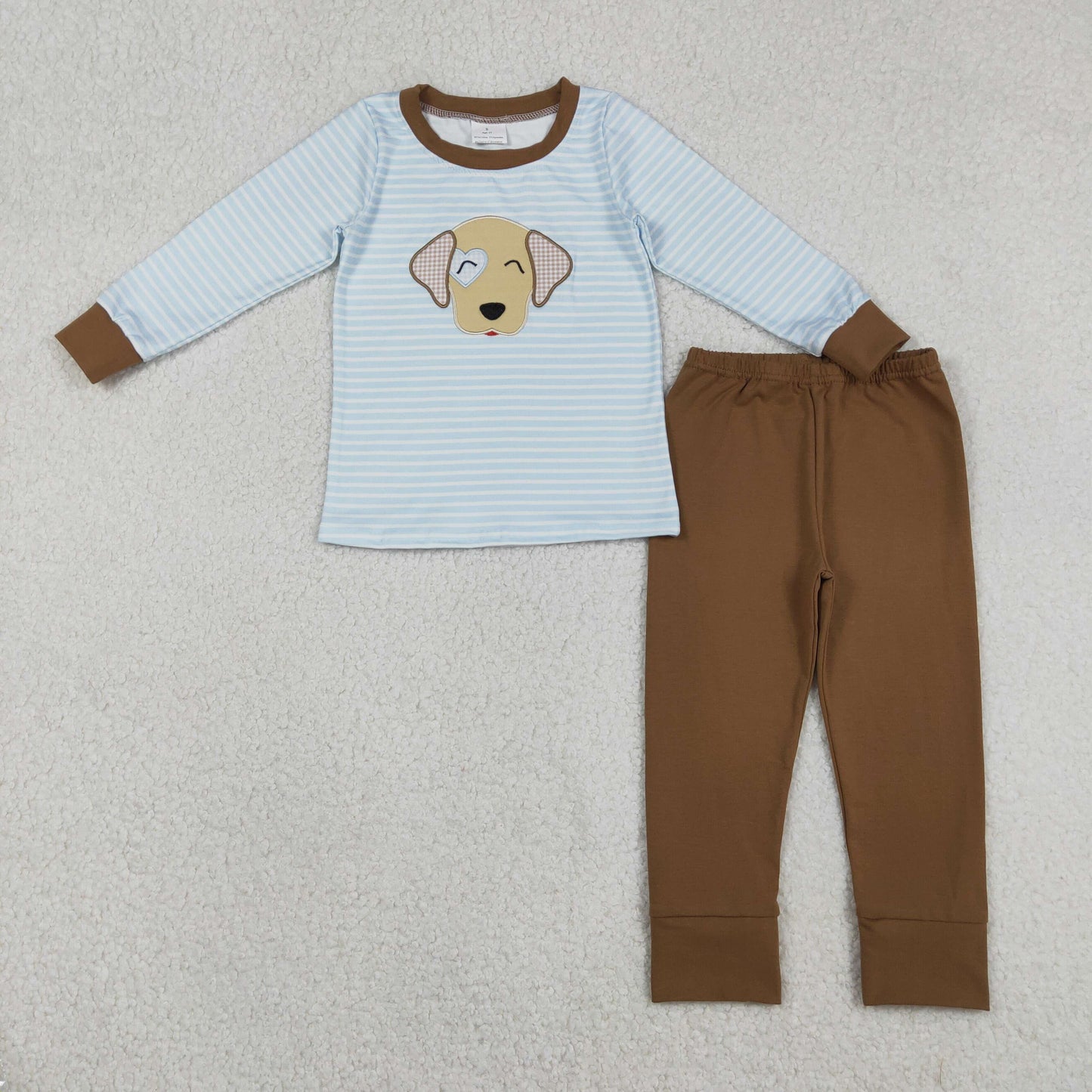 Embroidery BLP1283 Valentine's Day heart dog blue striped long sleeve brown pants boys set