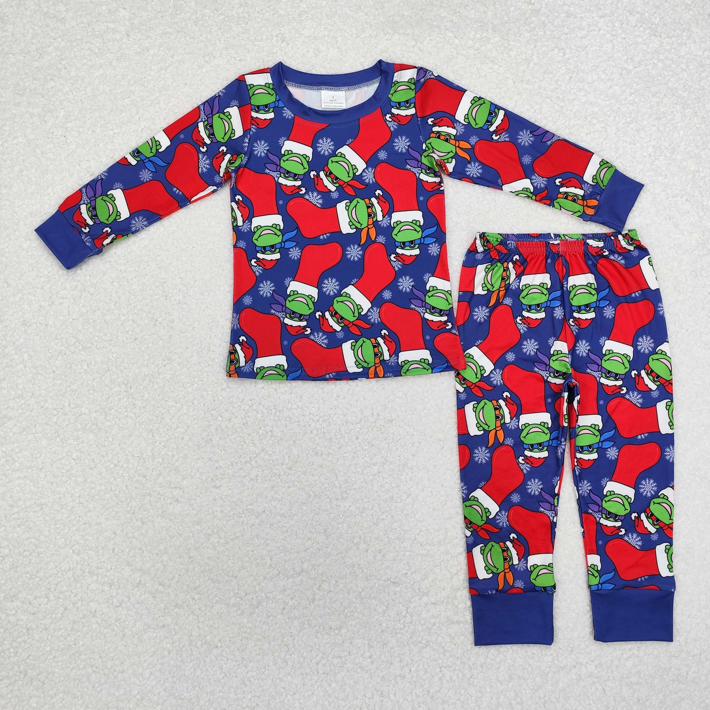BLP0870 Christmas green face red socks navy blue long sleeve pants boys pajamas