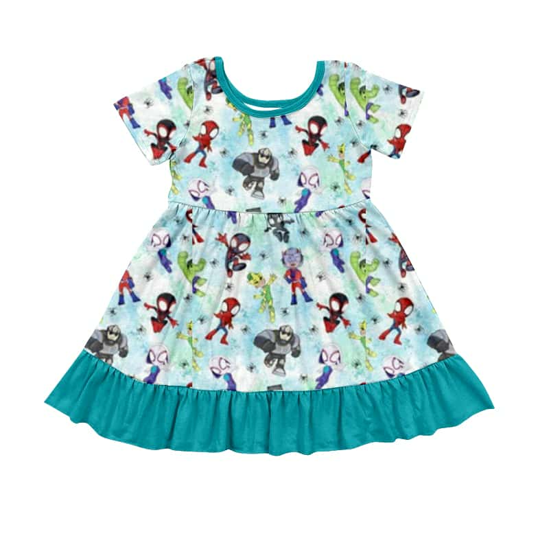 custom cartoon hero blue short sleeve girls dress