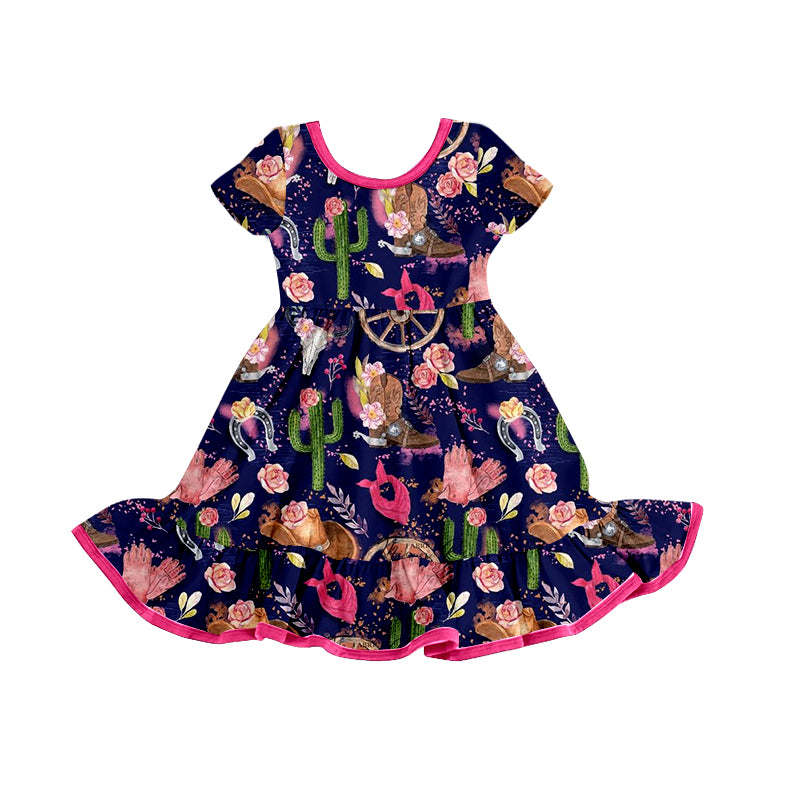 Preorder GSD0792 Western Cactus Flowers Boot Navy Short Sleeve Girls Dress