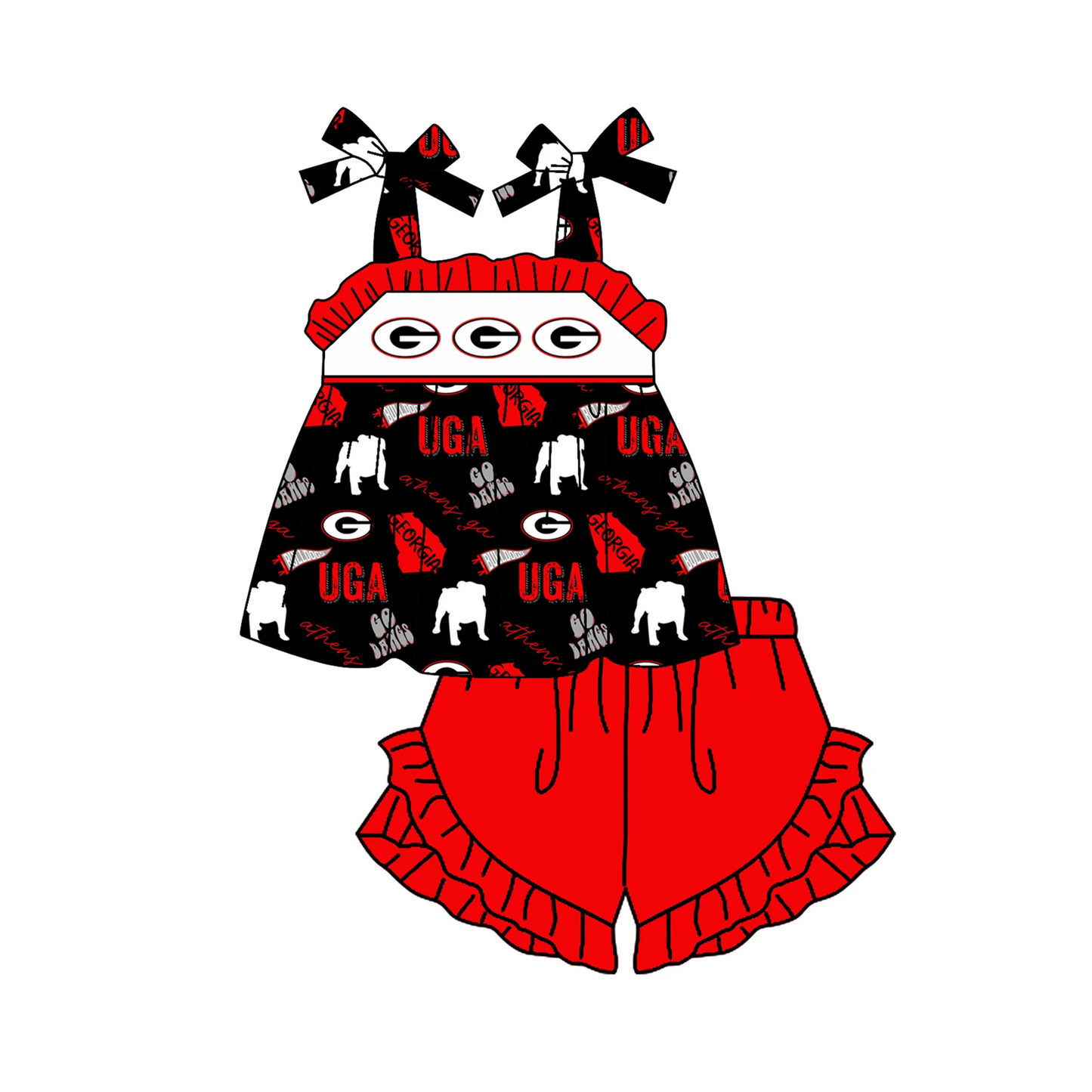 custom S UGA black lace-up red ruffles shorts girls set