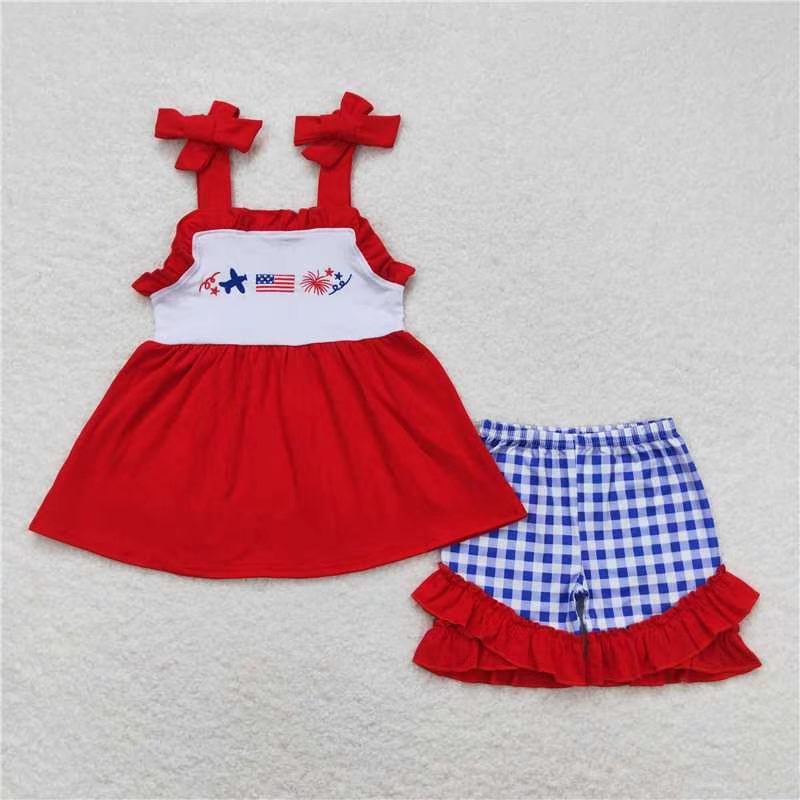 GSSO0611 embroidery July 4th Flag Plane Red Sleeveless Blue Checkered Shorts Girls Set