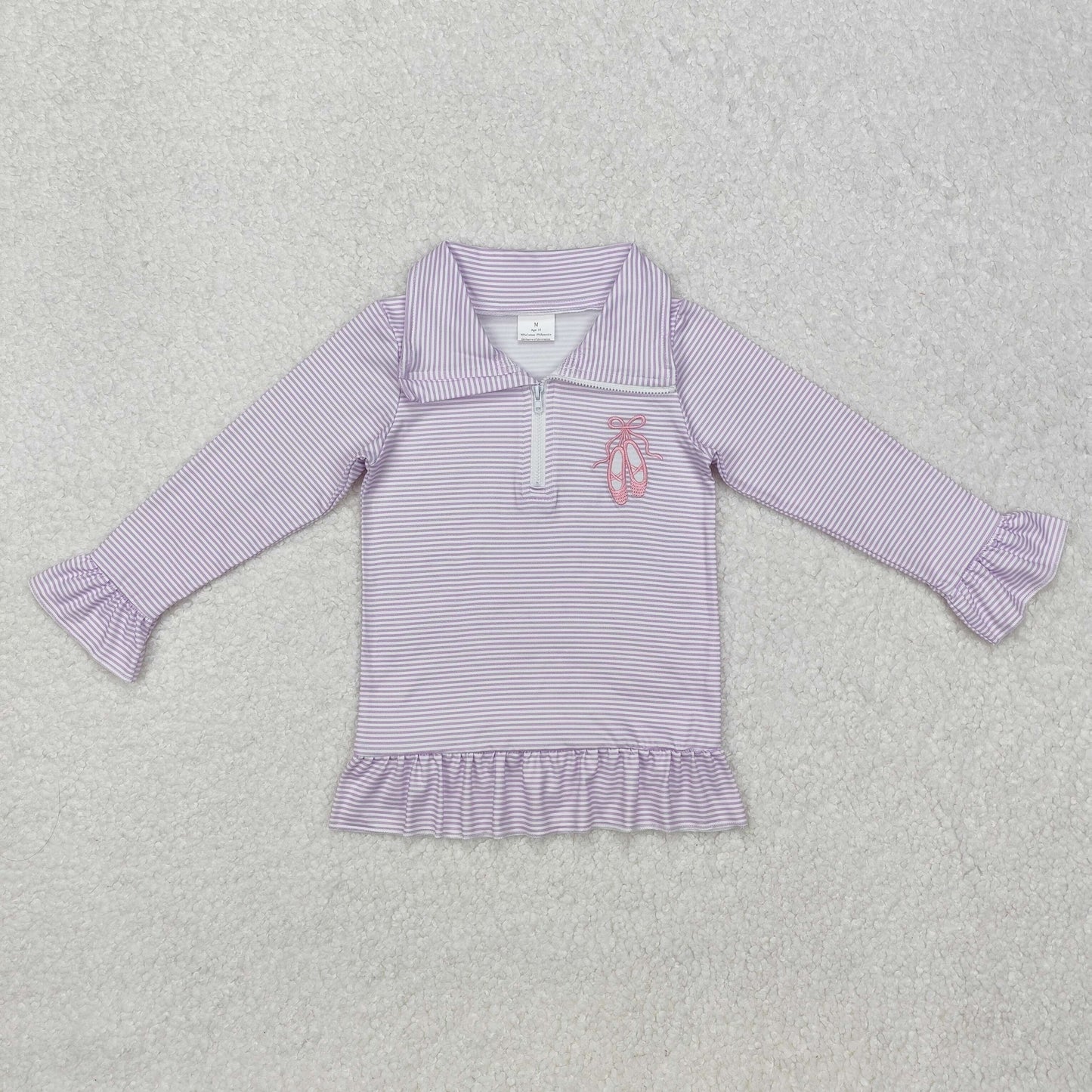 embroidery GT0887 dance shoe purple striped long sleeve zipper girls pullover