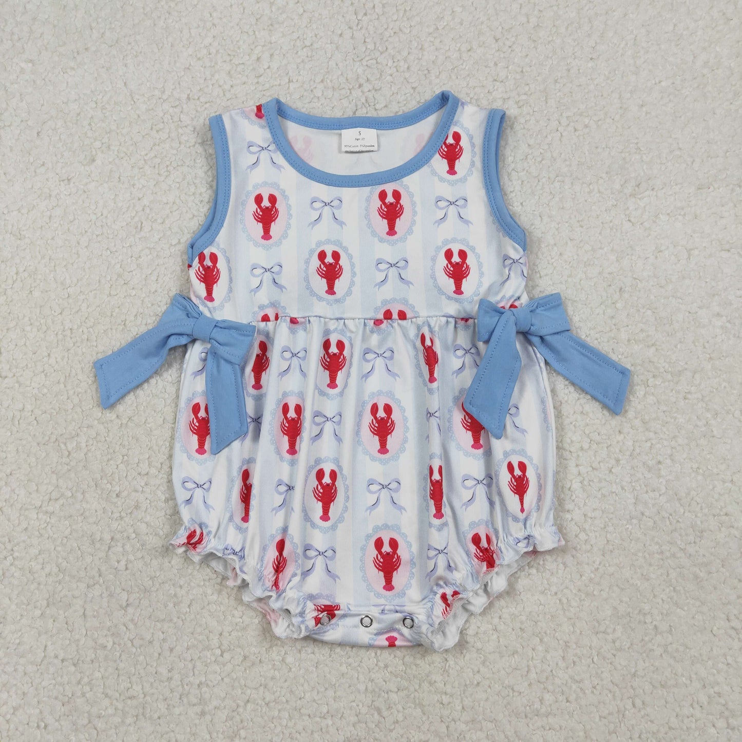 SR3828 Crayfish Bows Blue Sleeveless Girls Romper