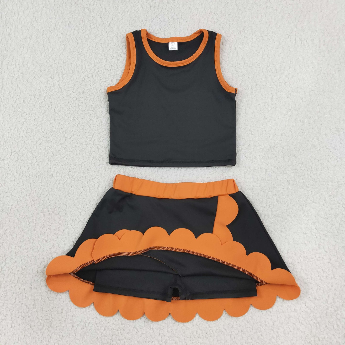 GSD4259 Scallop Yoga Black Orange Long Sleeve Shorts Girls Set
