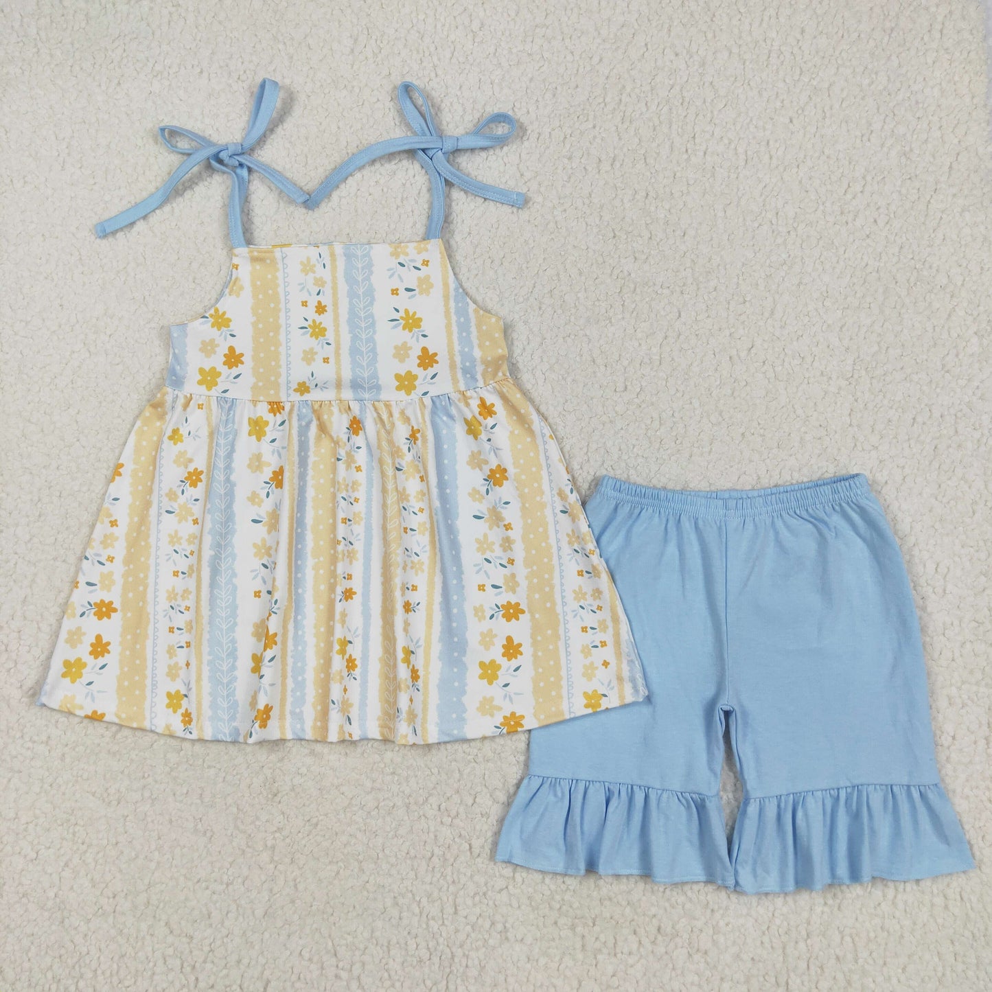 GSSO2302 yellow flowers lace-up blue shorts girls set